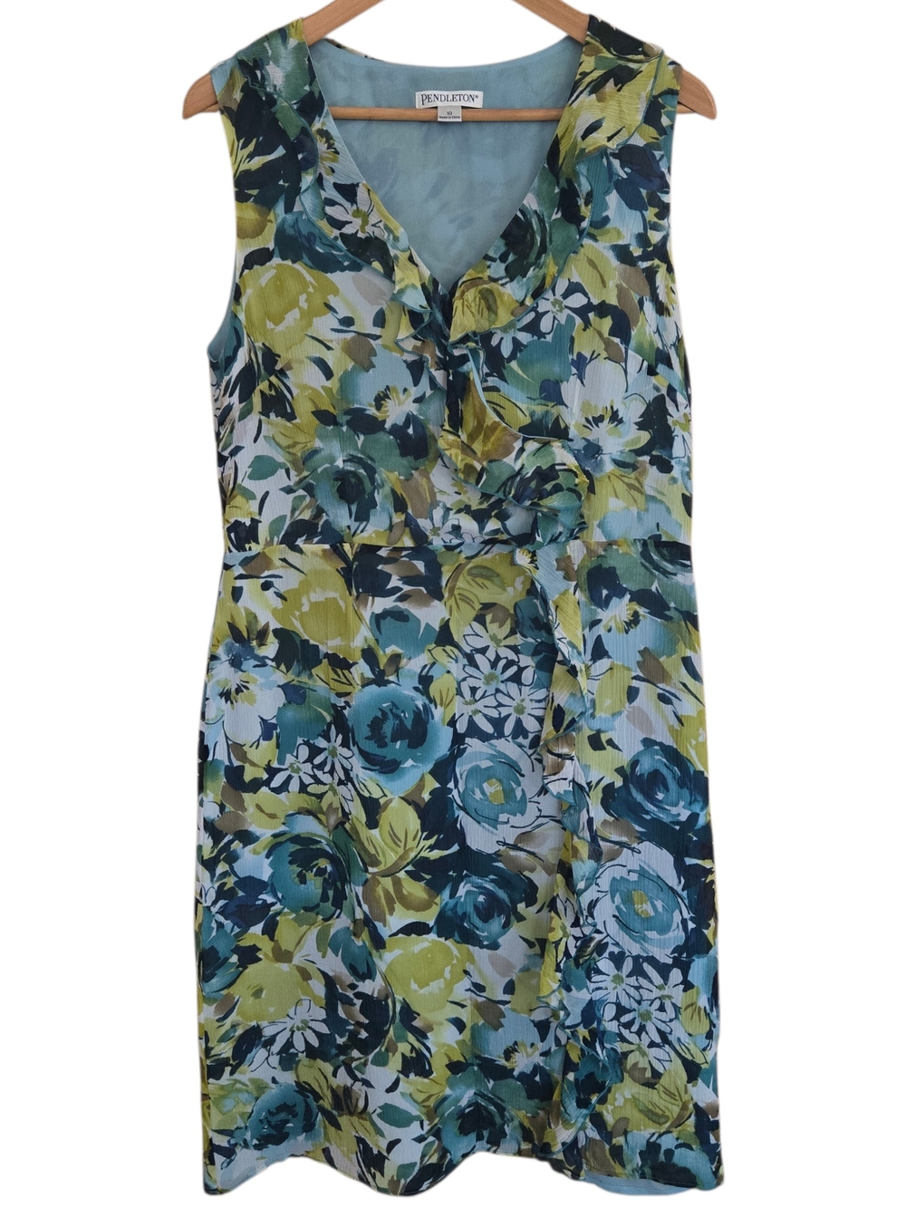 Pendleton Silk Dress Womens Size 10 Blue Green Floral Ruffles Lined Spring